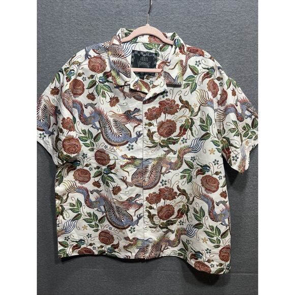 Rebel Vengeance Dragon Floral Print Button Up Shirt Boho Asian Style Men Size 2X - Picture 2 of 11